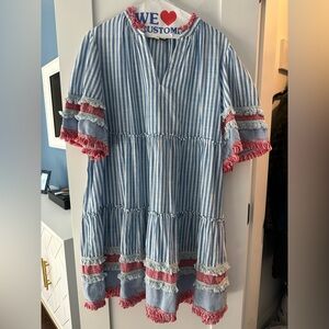 Tuckernuck Blue and White Striped Mini Dress with Red Fringe